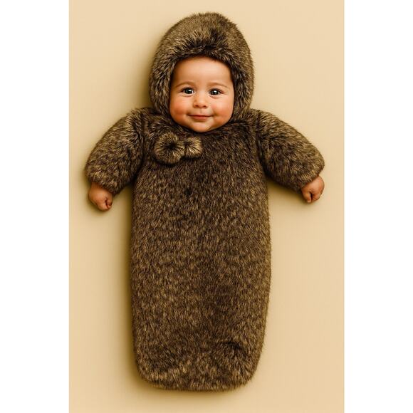 London & Cole Faux Fur Hooded Bunting Snug Sack Snowsuit Soft Cozy Unisex Brown - Picture 1 of 9